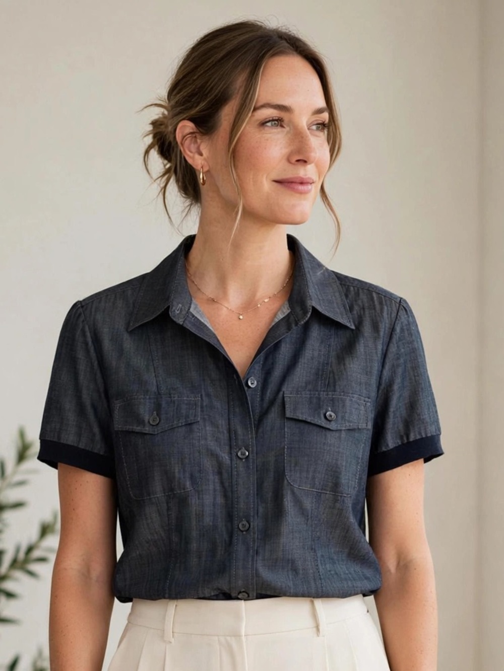 Theory Women’s Dark Chambray Short Sleeve Button Up Shirt Large